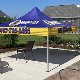 custom 10x10 tent with blue and yellow design