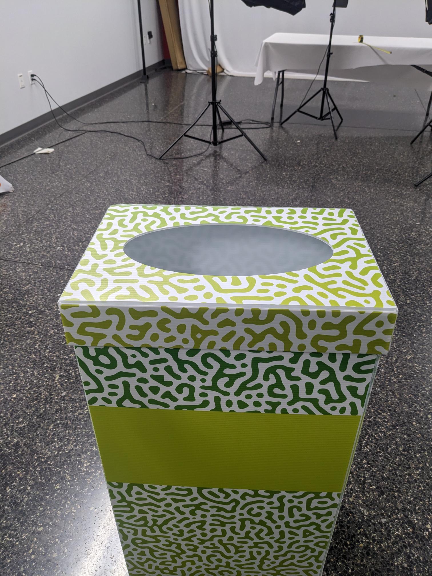 cardboard trash can with lid and drop hole
